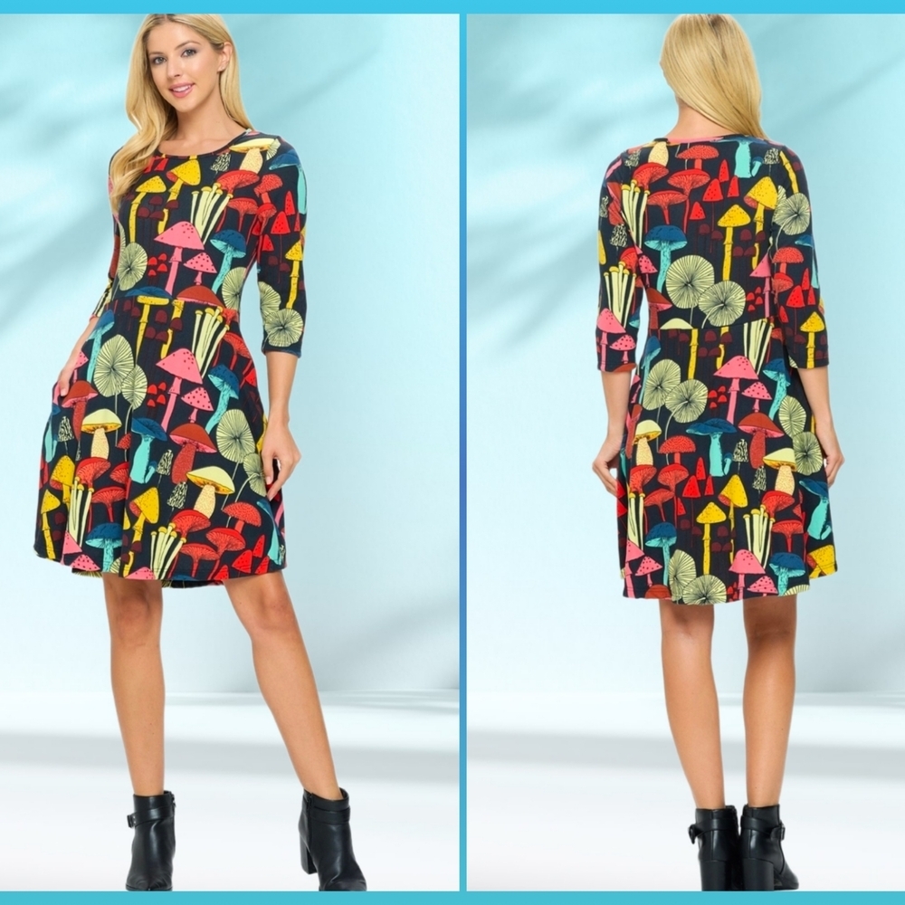 L.A Soul Mushroom Print Tunic Fit & Flare Midi Dress Cotton Blend